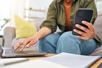 Buy stock photo Remote work, woman on sofa with phone and laptop in living room, research and documents for online job. Internet search, technology and home office, freelancer on couch with cellphone and computer.