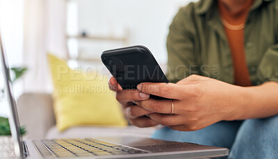 Buy stock photo Hands of woman on sofa with phone, laptop and typing for remote work, research and documents for online job. Internet, networking and home office, freelancer on couch with cellphone and computer.