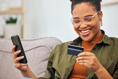 Buy stock photo Happy black woman, credit card and ecommerce with phone for digital payment, fintech account and web finance at home. Female person smile for mobile banking, online shopping and budget on technology