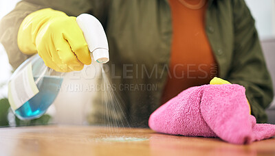 Buy stock photo Woman, hands and spray on table with cloth for hygiene, bacteria or germ removal at home. Closeup of female person, housekeeper or maid wiping furniture in domestic service or disinfection on surface
