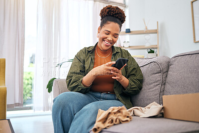 Buy stock photo Online shopping, delivery and black woman with phone on sofa happy with package or product at home. Ecommerce, smile and African lady with smartphone for customer experience, survey or app in house