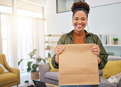Buy stock photo Fast food, delivery and portrait of happy black woman with package order in her home, Smile, face and African lady customer with deliver bag from online shopping, ecommerce or satisfaction in house
