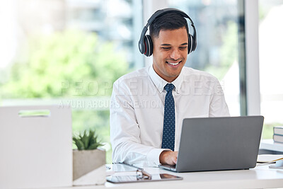 Buy stock photo Businessman, laptop and typing email with headphones in communication, networking or listening to music at office. Happy man, accountant or financial advisor working on computer for business proposal