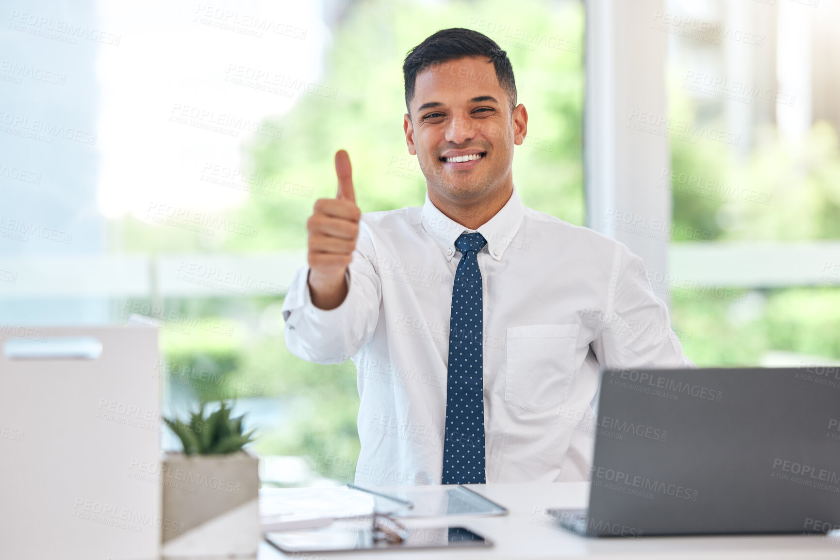 Buy stock photo Happy businessman, portrait and thumbs up for success, good job or agreement by office desk. Man, accountant or employee smile with OK emoji, yes sign or like for business approval at the workplace