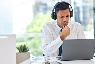 Buy stock photo Businessman, laptop and thinking for decision, choice or listening to music at office desk. Man, accountant or financial advisor in wonder working on computer for business plan, proposal or ideas