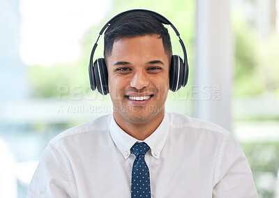 Buy stock photo Portrait, headphones and smile of business man in office for music, sound and consulting on video call. Face of happy male consultant listening to podcast, streaming radio and audio while working 