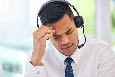 Buy stock photo Call center, customer service and man with a headache or businessman with stress, burnout or working with fatigue. Tired, exhausted or consultant in office with a migraine, pain or anxiety from crm