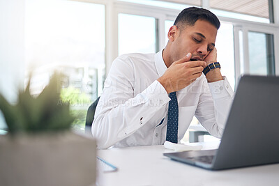 Buy stock photo Tired, yawn and man at desk in office with burnout, stress problem or low energy while working on laptop. Fatigue, lazy and yawning business employee feeling overworked, bored and bad time management