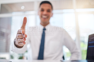 Buy stock photo Closeup of a businessman stretching for shaking hands gesture for partnership, greeting or agreement. Success, welcome and zoom of professional male person with a handshake for welcome in the office.