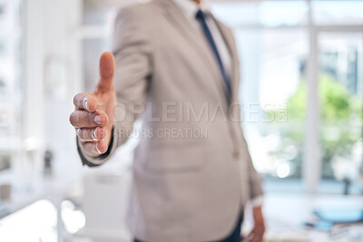 Buy stock photo Closeup of a businessman stretching for a handshake in the office for partnership, greeting or agreement. Success, welcome and zoom of professional male person with shaking hands gesture for welcome.