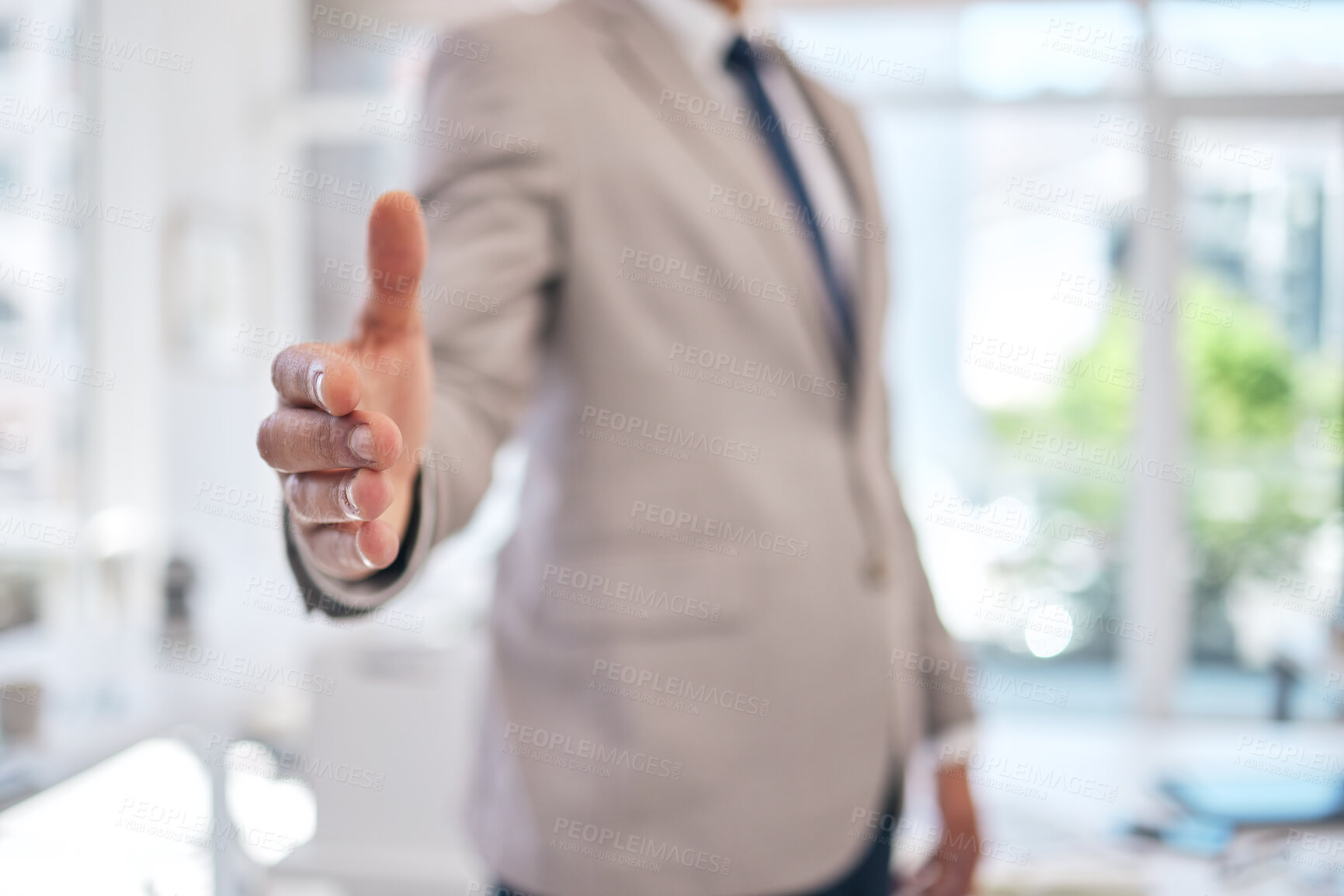 Buy stock photo Closeup of a businessman stretching for a handshake in the office for partnership, greeting or agreement. Success, welcome and zoom of professional male person with shaking hands gesture for welcome.