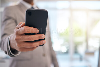Buy stock photo Hands, business man and typing with phone for social network information, mobile internet and search website. Closeup, office worker and smartphone to contact, digital news app and technology space