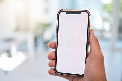 Buy stock photo Hand, blank phone screen and business man with mock up space, web design or ux for mobile app logo in office. Person pov, smartphone and ui for brand, promotion and networking in financial workplace