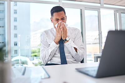 Buy stock photo Sick, allergy and blowing nose with business man in office for flu illness, hayfever and sneeze. Allergies, virus and sinus with employee and sneezing with tissue for influenza, cold and healthcare