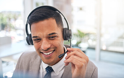 Buy stock photo Happy man, call center and headphones in customer service, support or telemarketing on mic at office. Friendly male person or consultant agent smile for online advice, help or contact us at workplace