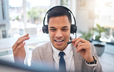 Buy stock photo Happy man, call center and consulting on headphones in customer service, support or telemarketing at office. Male person, consultant or agent talking in online advice, help or contact us at workplace