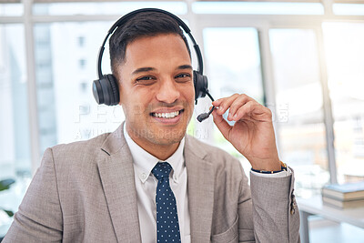 Buy stock photo Happy man, portrait and call center with headphones in customer support, service or telemarketing at office. Male person, consultant or agent smile for online advice, help or contact us at workplace