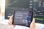Tablet in hands, graphs and stock market with fintech and trading, investment and financial stats on dashboard. Finance information, trader person and cryptocurrency, data analysis, charts and app
