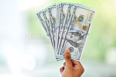 Buy stock photo Cash in hand, dollars and money fan with finance, reward and prize with giveaway bonus and financial freedom. Bills, notes and person with wealth, payment and lotto with cashback and mockup space