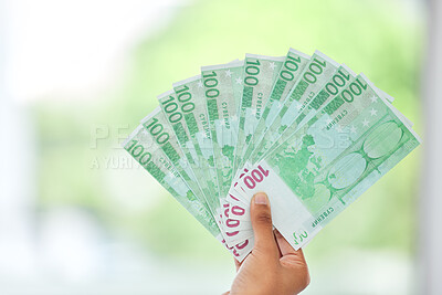 Buy stock photo Cash in hand, payment and money fan with finance, reward and prize with giveaway bonus and financial freedom. Bills, notes and person with wealth, currency and lotto with cashback and mockup space