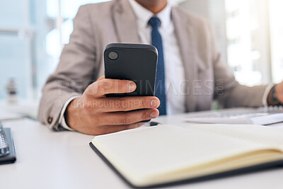 Buy stock photo Business man, hands and typing with phone at desk for social network contact, mobile internet or search media. Closeup, office worker and smartphone for information on digital app, technology or chat