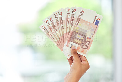 Buy stock photo Cash in hand, euros and money fan with finance, reward and prize with giveaway bonus and financial freedom. Bills, notes and person with wealth, payment and lotto with cashback and mockup space