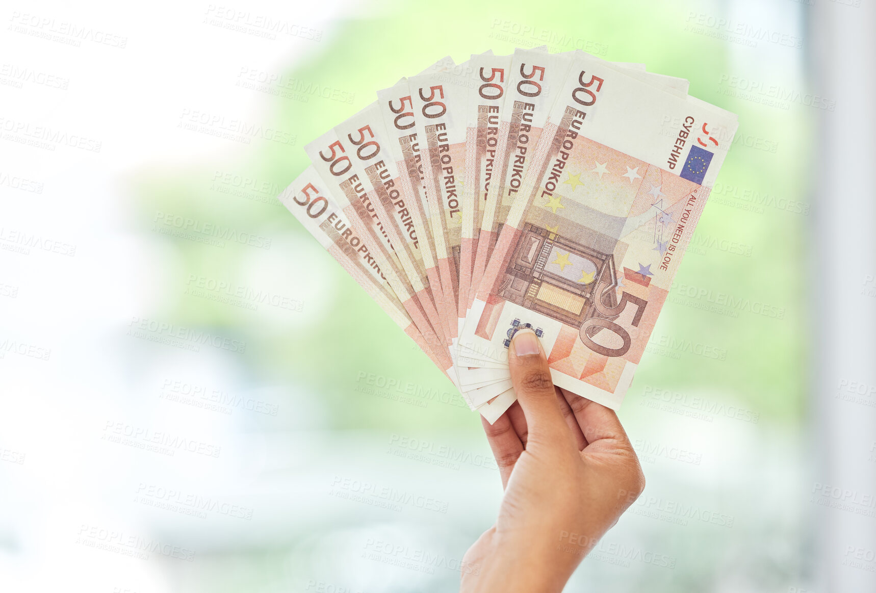 Buy stock photo Cash in hand, euros and money fan with finance, reward and prize with giveaway bonus and financial freedom. Bills, notes and person with wealth, payment and lotto with cashback and mockup space