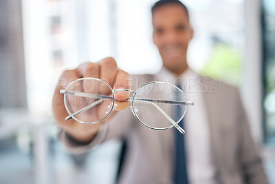 Buy stock photo Professional, man and glasses in hand in closeup at corporate office with clear vision in blurry background. Lens, eye care and business man holding prescription for sight or maintenance.