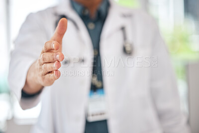 Buy stock photo Handshake, offer and doctor introduction, thank you and healthcare deal, success or welcome to consultation. Medical professional or person shaking hands in patient POV for clinic support in closeup