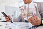 Businessman, money and phone with documents for accounting, budget planning or finance on office desk. Closeup of man or accountant hands with cash and smartphone in savings, audit or salary on table