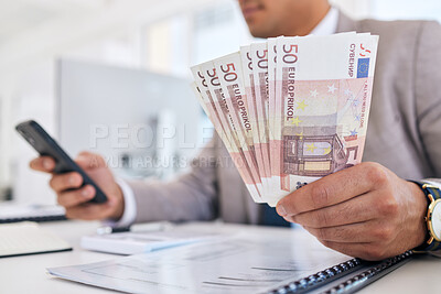 Buy stock photo Businessman, money and phone with documents for accounting, budget planning or finance on office desk. Closeup of man or accountant hands with cash and smartphone in savings, audit or salary on table