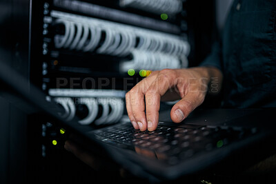 Buy stock photo Hands, laptop and typing in server room, man and inspection with coding, analysis and night for programming. Information technology expert, computer and keyboard for database, solution or maintenance