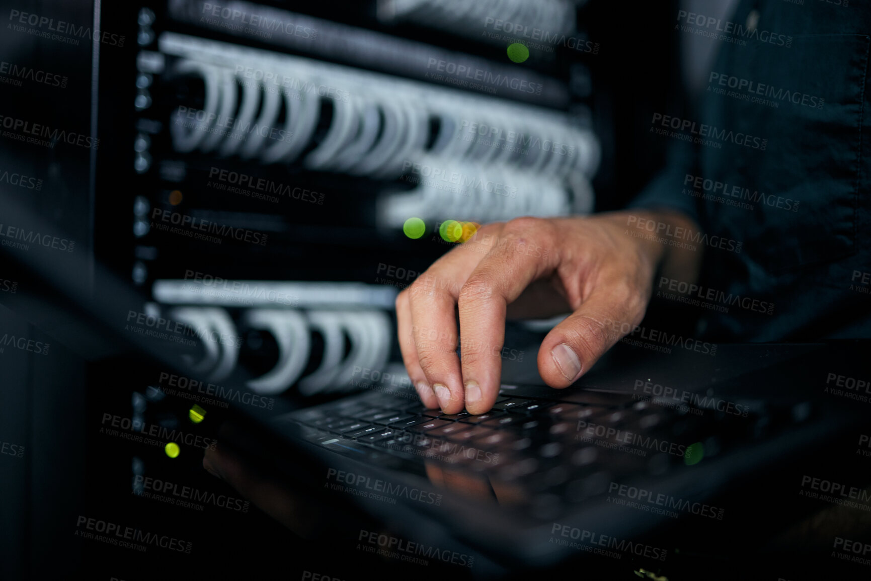 Buy stock photo Hands, laptop and typing in server room, man and inspection with coding, analysis and night for programming. Information technology expert, computer and keyboard for database, solution or maintenance