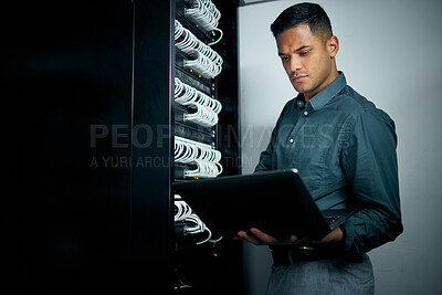 Buy stock photo IT engineer man, laptop and server for inspection, thinking or troubleshooting with analysis, night or programming. Information technology expert, computer or database with problem solving mindset