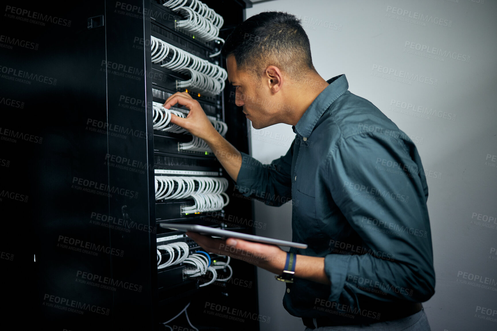 Buy stock photo Engineer man, tablet and cables in server room inspection, thinking or check for analysis, night and programming. Information technology expert, touchscreen or database with problem solving mindset