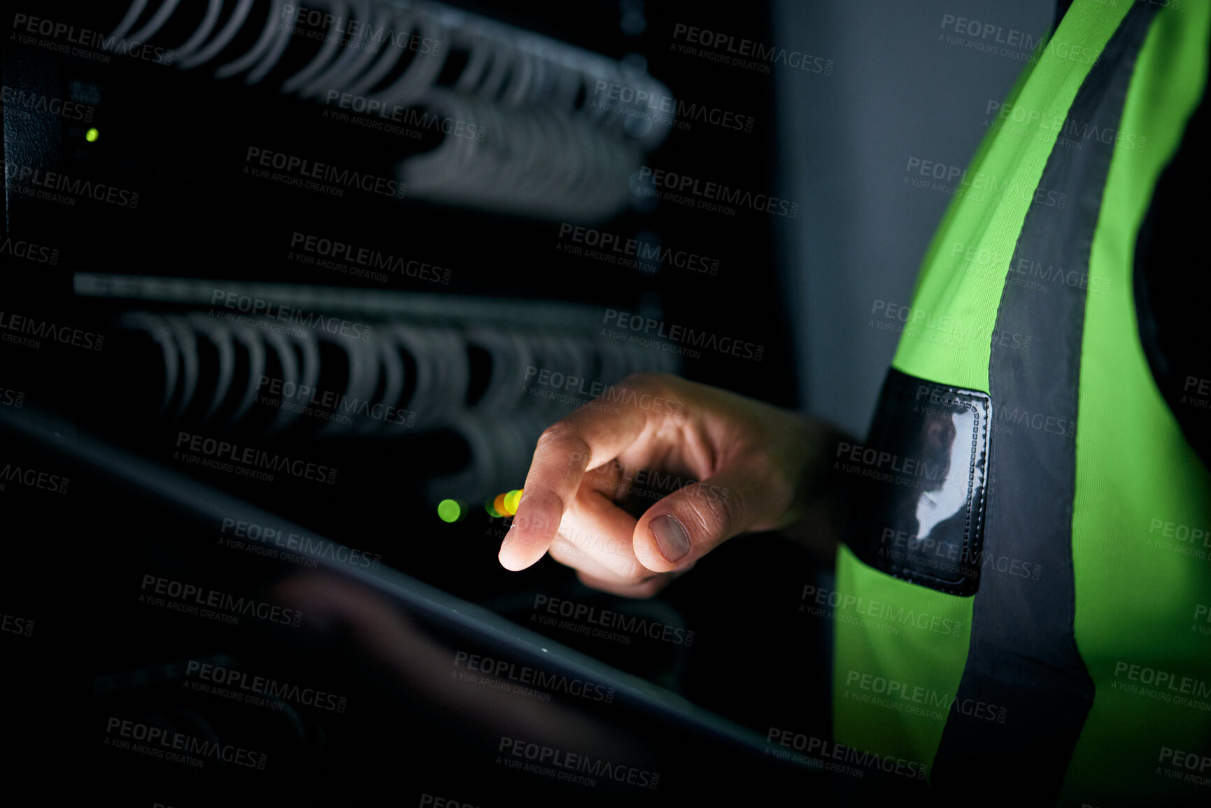 Buy stock photo Database, server room and tablet with hands of man for engineer, programmer and cyber security. Technology, developer and it solution with closeup of person for cloud computing, coding and software