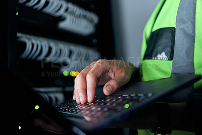 Buy stock photo Hands, keyboard and typing for server, cables or man for inspection, coding or analysis in night for programming. Information technology expert, computer and keyboard for database, solution and test