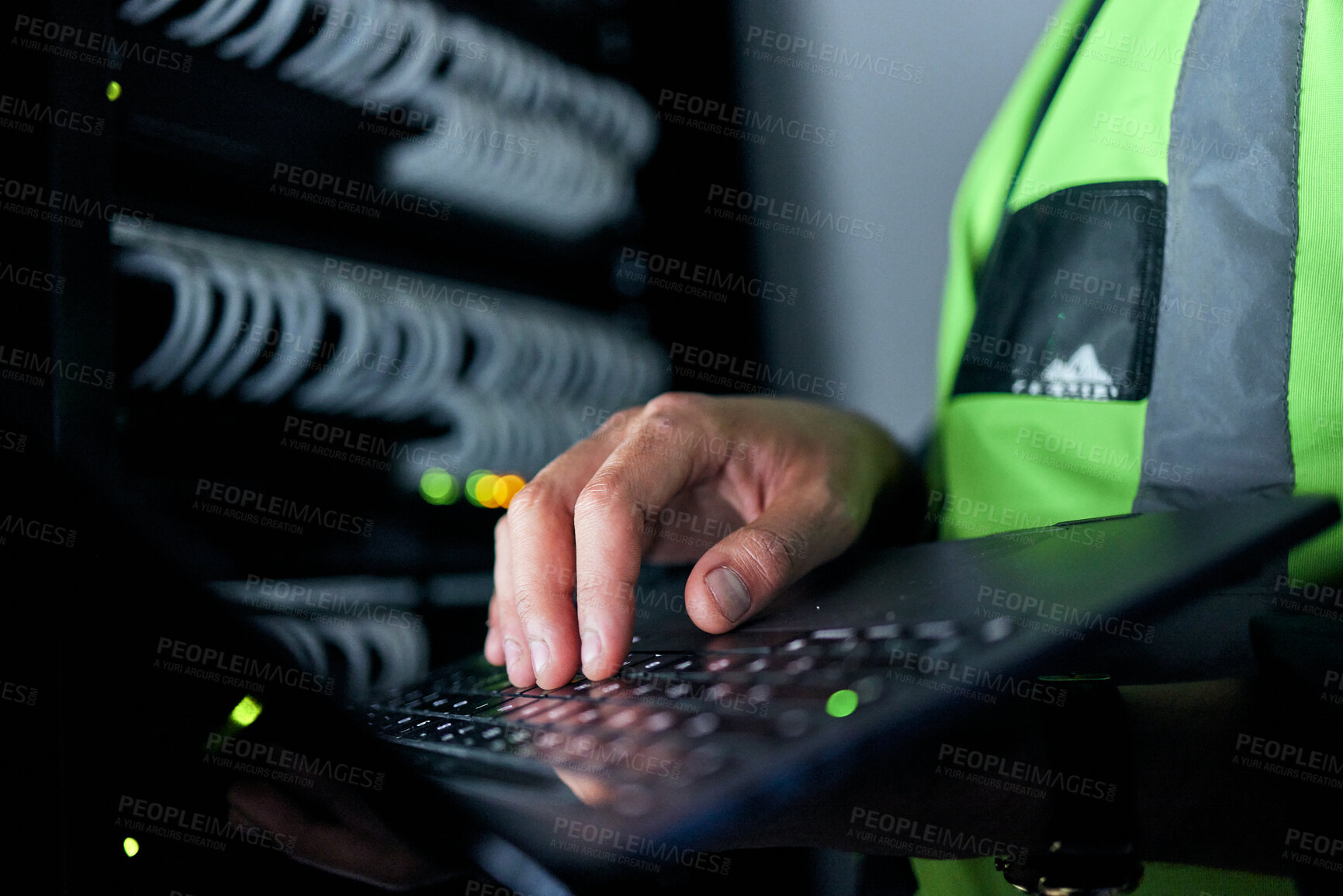 Buy stock photo Hands, keyboard and typing for server, cables or man for inspection, coding or analysis in night for programming. Information technology expert, computer and keyboard for database, solution and test