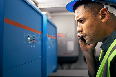 Buy stock photo Phone call, man and check with engineer on power box, control room or technician with switchboard or maintenance on generator. Electrician, construction worker and advice on inverter or server