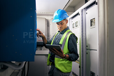 Buy stock photo Electrician, tablet and technician with man in control room for inspection, quality assurance and energy. Electricity, safety and industrial with handyman for maintenance, mechanic check or power box