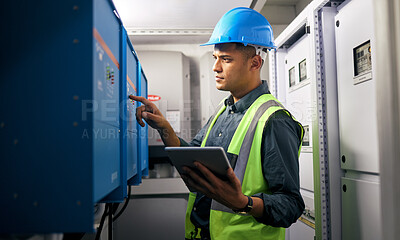 Buy stock photo Electrician, tablet and man, control room and inspection, maintenance check with power supply and engineering. Electricity, industrial and male technician, digital assessment and quality assurance