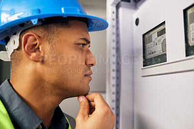 Buy stock photo Electrician, thinking and technician with man in control room for inspection, quality assurance and energy. Electricity, safety and industrial with handyman for maintenance, check and power box