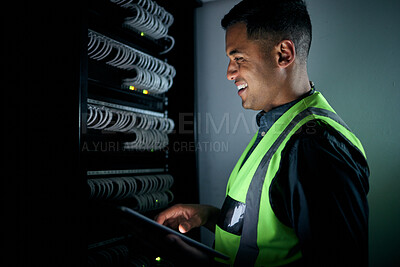 Buy stock photo Technician man, check and tablet in server room inspection, thinking or smile for analysis, night or programming. Information technology engineer, touchscreen or database with problem solving mindset