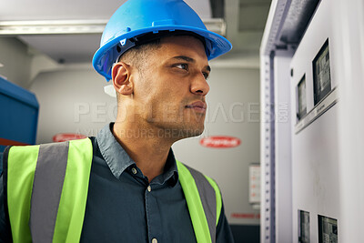 Buy stock photo Electrician, engineering and technician with man in control room for inspection, quality assurance and energy. Electricity, safety and industrial with handyman for maintenance, check and power box