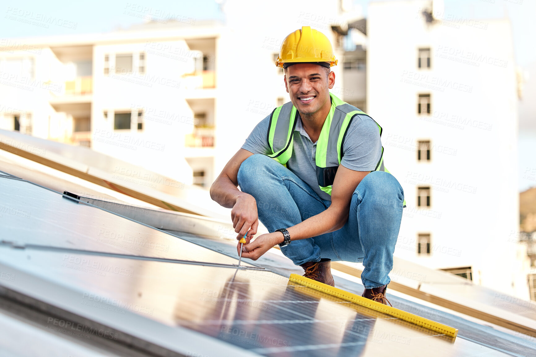 Buy stock photo Clean energy, solar panels and portrait of man on roof for installation, sustainable business and electricity. Engineer, sustainability and photovoltaic power on city rooftop with renewable resource.