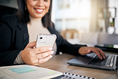 Buy stock photo Woman, typing and laptop in office with phone, thinking and planning post schedule for blog on app. Copywriting content creator, website manager and computer with smile, idea or social media at desk