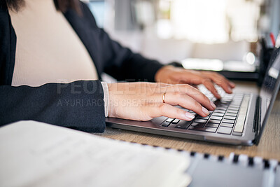 Buy stock photo Hands, typing and laptop in office with notebook, planning or post schedule for blog content creator. Copywriting woman, website manager and computer with keyboard, ideas or social media in workplace