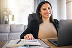 Accountant, woman and portrait in office with documents, financial report or analysis of audit, taxes or budget. Finance, employee or happy with investment, profit or planning growth in business