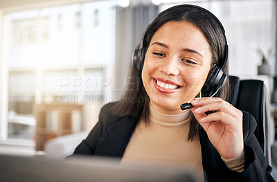 Buy stock photo Happy woman, call center and headphones for customer service, telemarketing or support at the office. Face of friendly female person, consultant or agent smile for online advice or help at workplace