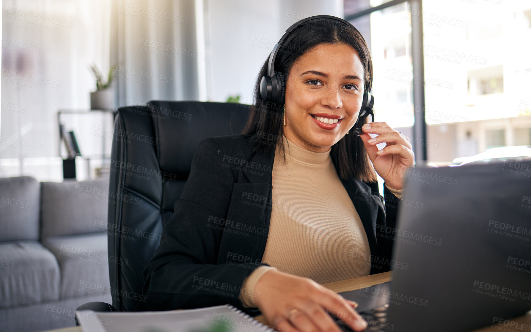 Buy stock photo Happy woman, call center and laptop with headphones for customer service, support or remote work at home office. Friendly female person, consultant or freelance agent smile in online advice or help